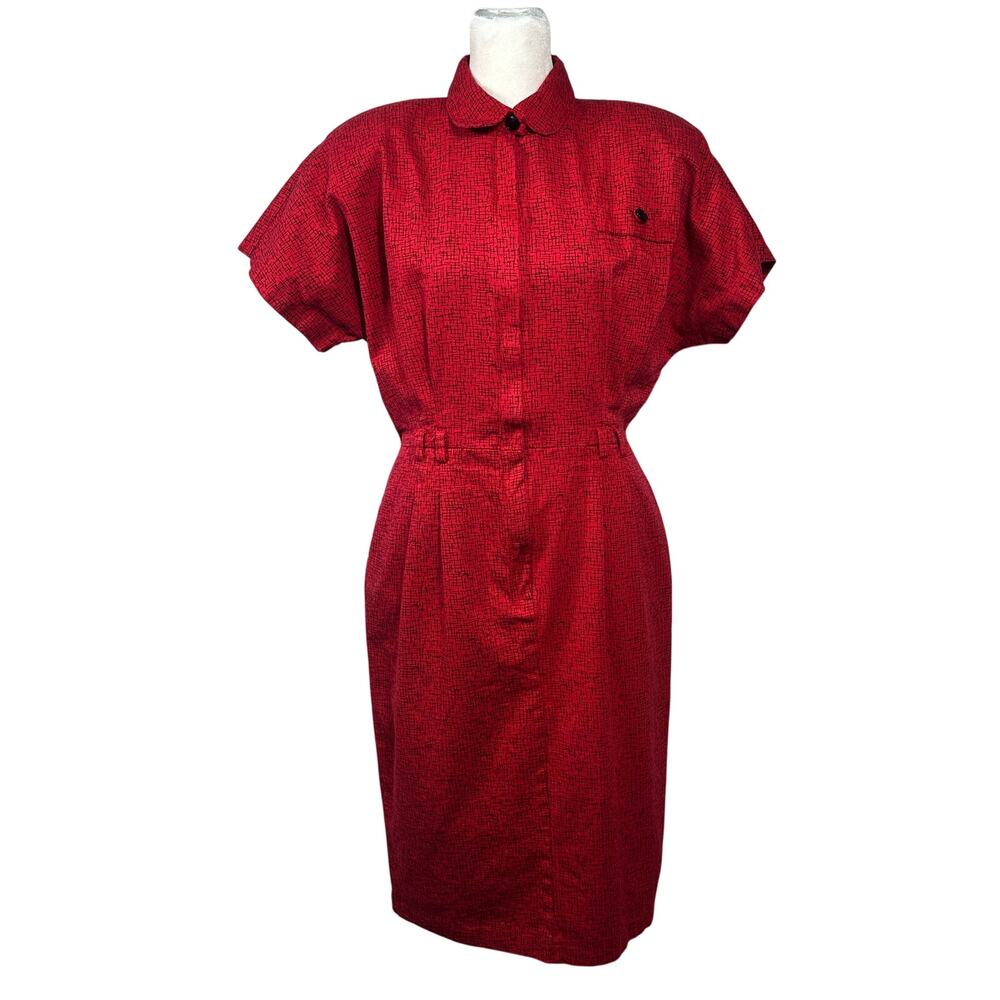 VTG All That Jazz Red Black Abstract Print Button Front Dress Cotton Women 11/12